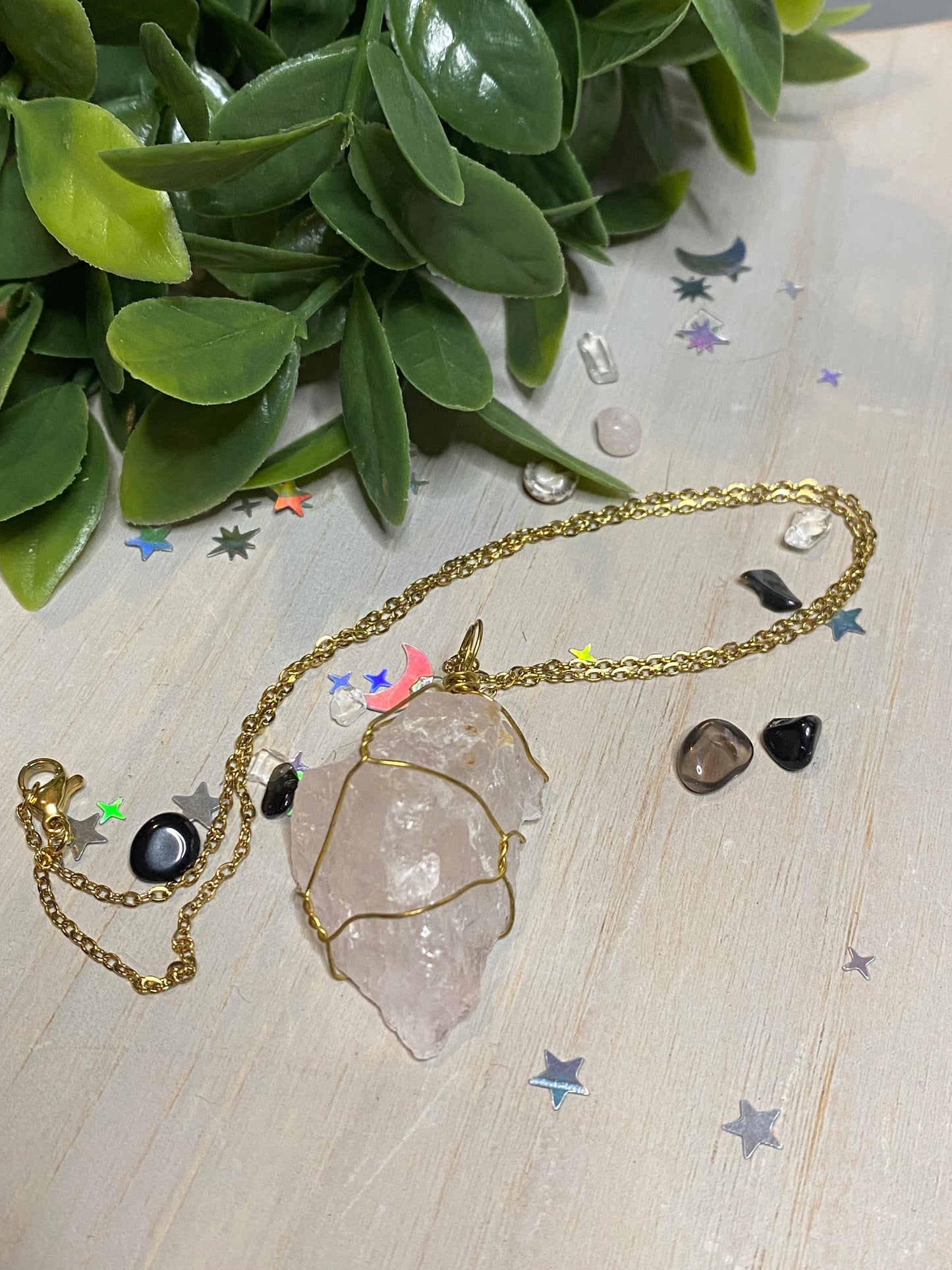 Raw Wired Wrapped Rose Quartz Necklace